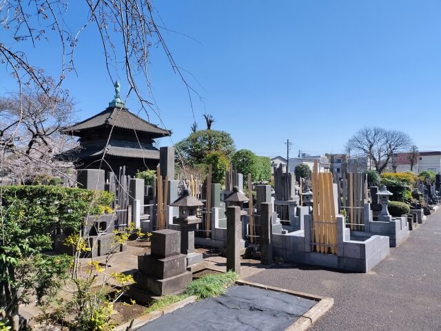 寺院の建物と墓石が並ぶ墓地