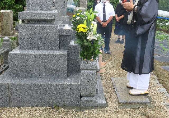 墓石の前に立つ僧侶と参列者